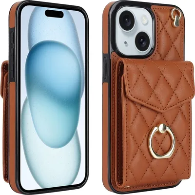 Produktbild von Für iPhone 15 Rhombic Texture Card Bag Telefongehäuse mit Long Lanyard (Brown)