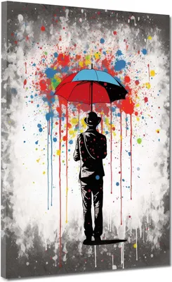 Produktbild von Mann mit Regenschirm abstrakt Pop Art Leinwandbild Wandbild Kunstdruck XL: 90x120x4cm