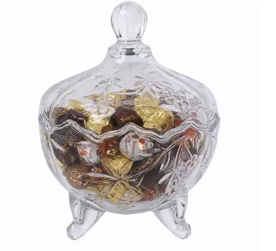 Produktbild von Glas Bonbonglas 13cm mit Deckel Kristall-Design | Elegante Zuckerdose Keksdose aus Glas | Glasbehälter für Süßigkeiten, Pralinen & Kekse Deko-Dose Vin