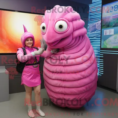 Obrázok produktu pre Postava maskota REDBROKOLY, ružového trilobita, oblečeného v minišortkách a s príveskom