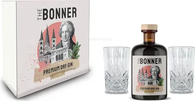 Produktbild von The Bonner Geschenkset - The Bonner Premium Dry Gin 0,5l (41% Vol) + 2x Longdrink Glas in Kristall Optik - [Enthält Sulfite]