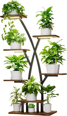 Zdjęcie produktu dla Stojak na rośliny – 7-poziomowa półka – wysoka – metalowa rama – drewniane półki – z lampami do roślin – do wnętrz – nowoczesny design