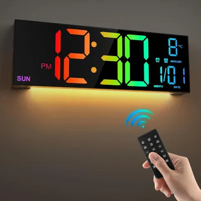 Obrázek produktu pro 16" černé velké digitální nástěnné hodiny do obývacího pokoje, dálkové ovládání, duální budík, 8 RGB barev, velký LED displej, automatický jas, datum, automatický letní čas, teplota