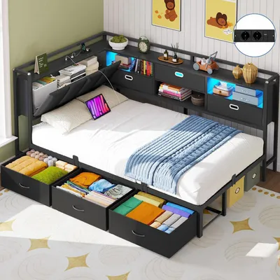 Obrázek produktu pro Rozkládací pohovka, postel pro mládež, multifunkční lůžko 90x200 cm s LED osvětlením, nabíjecí stanicí, 6 zásuvkami a úložným prostorem