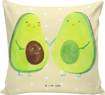 Produktbild von Mr. & Mrs. Panda kuschelkissen 40x40 Avocado Pärchen - Gelb Pastell - Geschenk, Geburt, Liebe, Schwangerschaft, Avocados, couch kissen, Gesund, Kinder, bedruckt, Kuschel