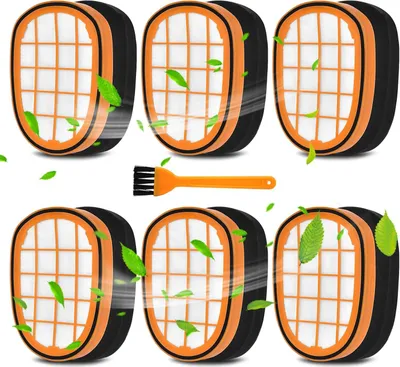 A collage of vacuum cleaner filters with green leaves floating around them.