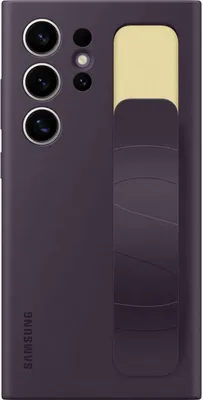 A dark purple Samsung phone case with a built-in grip is shown from the back.