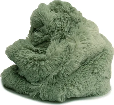 A close-up, studio shot of a crumpled piece of sage green shaggy fabric.