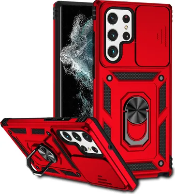 Produktbild von Galaxy S22 Ultra 5G Hülle mit Schiebe Kamera Schutz und Ringhalter Ständer Robust Rüstung Schutzhülle für Samsung Galaxy S22 Ultra 5G Rot