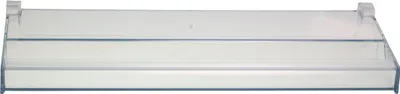 A clear plastic shelf with gray trim, likely for a refrigerator or freezer.