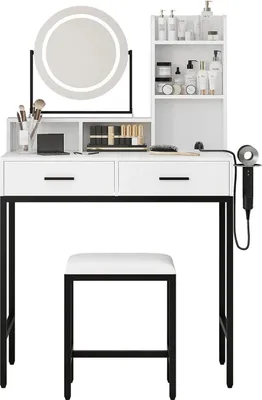 Immagine prodotto di Tavolo da trucco - Tavolo da toeletta - Specchio girevole a 360° - LED con 3 modalità di colore - Dimmerabile - Porte USB - Sgabello incluso - Bianco