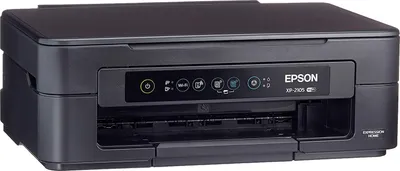 A black Epson XP-2105 Expression Home all-in-one printer is shown from the front.
