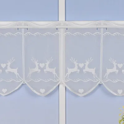 Produktbild von Stickerei-Panneaux Meterware Bistrogardine Scheibengardine transparent und nähfrei mit Hirschen und Herzen ecru 45cm Höhe