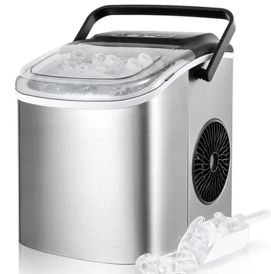 Obrázok produktu pre Stroj na výrobu ľadu – stolný prístroj na výrobu kociek ľadu – 9 kociek ľadu za 6 minút – funkcia samočistenia – tichý chod – vhodný do kuchyne, kancelárie, baru, na párty – strieborná farba