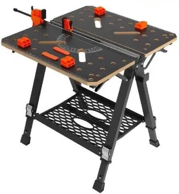 Produktbild von Professionelle Klapparbeitsplatte für Holzbearbeitung - Schwarz - 7 Arbeitshöhen - Klem-System - 454 kg Tragfähigkeit