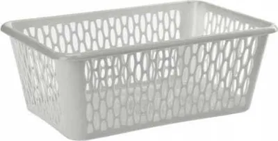 A white plastic storage basket with a perforated pattern.