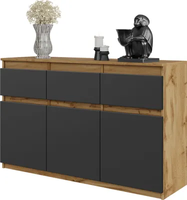 A sideboard with three drawers and three doors, displayed against a white background.