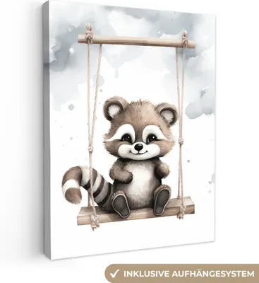 Produktbild von MuchoWow® - Leinwandbilder - Waschbär - Tier - Kinder, Wandbild, Wanddeko Bilder Wohnzimmer, 30x40 cm