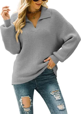 Produktbild von ASKSA Damen Strickpullover Rippstrick Reverskragen V-Ausschnitt Pullover Langarm Casual Oberteil, Grau, M
