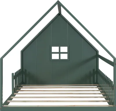 Produktbild von Flieks Kinderbett Hausbett 140x200cm mit Rausfallschutz, Bodenbett Doppelbett mit Lattenrost, Holzbett Spielbett, Bodenbett für Kinderzimmer, Grün