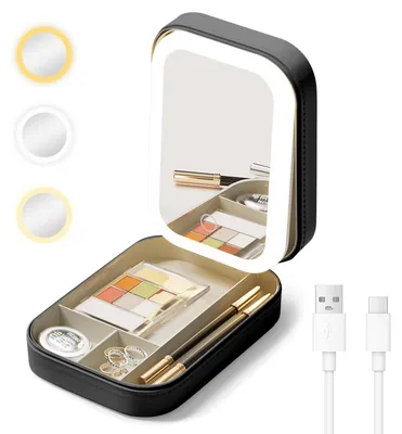LED-Make-upspiegel mit Schmuckfach, 3 Lichtfarben, dimmbar, USB, schwarz