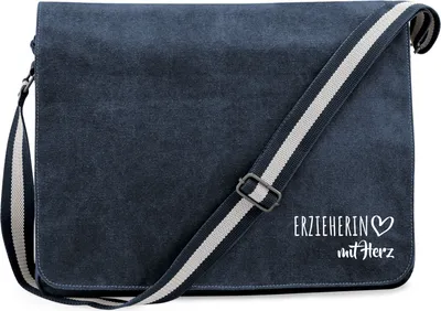 Produktbild von Huuraa Umhängetasche Erzieherin mit Herz 14 Liter Vintage Navy Canvas Laptoptasche Geschenkidee