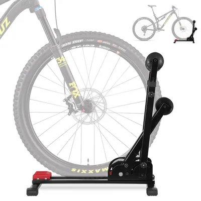 Image de Support de vélo Vigevee, modèle 3 en 1, pliable, pour montage au sol, adaptable verticalement et horizontalement, compatible avec les vélos de 24 à 27,5 pouces, pneus jusqu'à 2,4 pouces, en acier, couleur noire et rouge