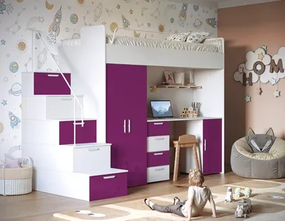 Produktbild von Etagenbett TOMI 4s, Hochglanz Kinderbett Hochbett, OHNE Matraze und Lattenrost (Weiss + Violett, Glanz)