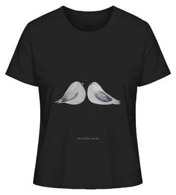 Produktbild von Mr. & Mrs. Panda Damen Oberteil Turteltauben Liebe Größe S - Schwarz - Geschenk, glücklich, Freund, Frauen T-Shirt, Bio, Verliebt, Sommershirt, Verheiratet, Freundin