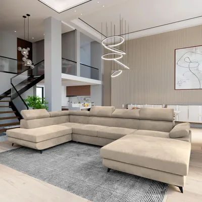Produktbild von Masseno Ecksofa RUBANO L-S mit Schlaffunktion U-Form, Sofa mit Bettkasten, Wohnzimmersofa, Couch, Soffa, Bettsofa, Couchgarnitur- Creme, MONOLITH 04
