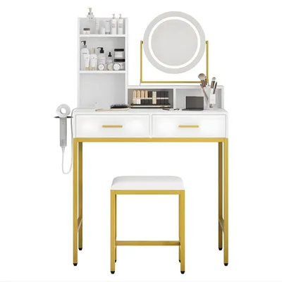 Imagen del producto de Tocador con espejo giratorio 360° – Mesa de maquillaje con iluminación LED, enchufes y USB – Incluye taburete – Blanco y dorado