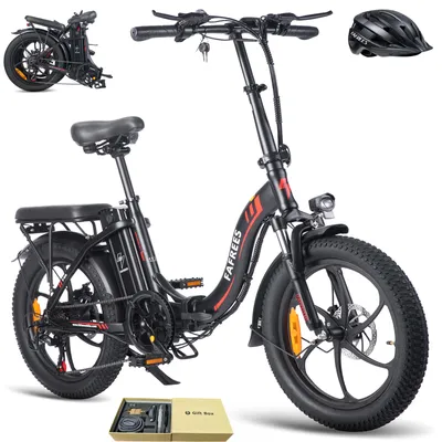 A black electric folding bicycle with a helmet and accessories shown against a white background.