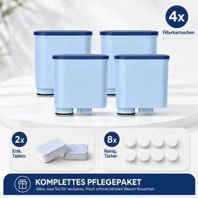 Produktbild von Wasserfilter 4 Stück + Reinigungstabletten 8 Stück + 2-in-1 Entkalkungstabletten 2 Stück – Ersatzwasserfilter für Philips Saeco AquaClean CA6903/10