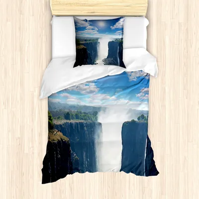 Produktbild von ABAKUHAUS Wasserfall Bettbezug Set für Einzelbetten, Berg Klippe Natur, Milbensicher Allergiker geeignet mit Kissenbezug, 135 cm x 200 cm - 80 x 80 cm, Blau Weiß Grün