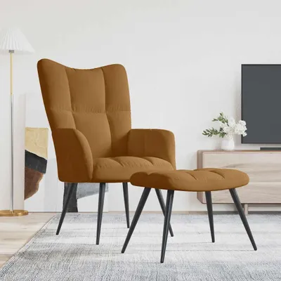 A brown velvet armchair and ottoman are shown in a living room setting.