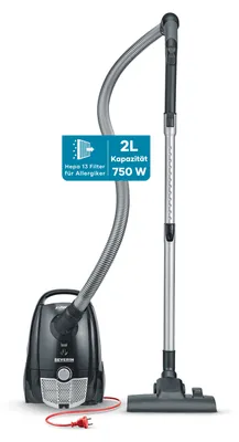 Produktbild von Severin Beutelstaubsauger BC 7030, leise & kompakt, 750W, 2L, für Teppich/Hartboden, Soft-Sound-Düse, 8m Reichweite, schwarz