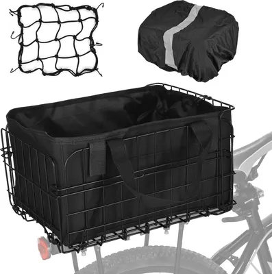 Produktbild von Folding hinten Fahrradkorb 60L mit abnehmbaren Liner Tasche regen Abdeckung Netz Tasche Schnellspanner Metall für das Tragen von Hunden Haustiere Obst Einkaufskorb Set
