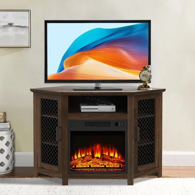 A corner TV stand with an electric fireplace is shown in a room setting.