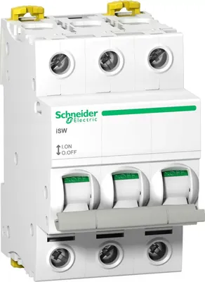 A three-pole circuit breaker manufactured by Schneider Electric.