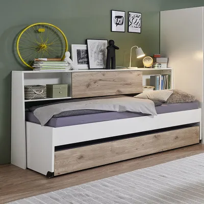Produktbild von Jugendzimmer-Bett mit 90x200 cm Liegefläche in weiß mit Eiche, mit Bettschublade, Bettüberbau NOLI-43
