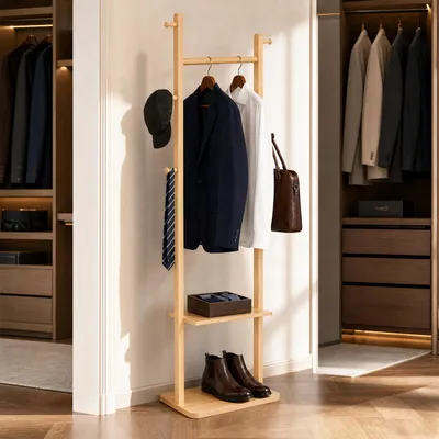 Produktbild von Garderobenständer aus Massivholz,Kleinen Freistehender  Kleiderständer mit 2 Ablagen,Stabil Modern Garderobe für Räume 40x24x160cm