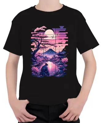 Productafbeelding van Samurai bij de berg Fuji, Japan. Kersenbloesems, pagode, Zen. Y2K. Bushido. Kinder T-shirt, zwart, maat 152