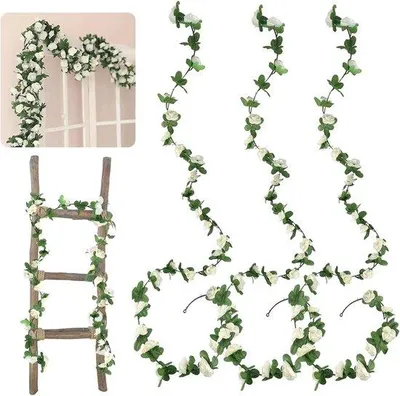 Zdjęcie produktu dla Zestaw 3 girland z sztucznych róż Unyqoos®, długość 250 cm – 45 róż na girlandzie, średnica główki róży 3,5 cm, białe róże z jedwabnych płatków i plastikowych łodyg, idealne do dekoracji ślubnych, ścian i ogrodu