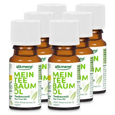 Produktbild von alkmene 100% reines ätherisches Teebaumöl - veganes Teebaum Öl ideal für Haut & Haar - australisches Teebaumöl 6x 10 ml