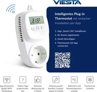 Produktbild von VIESTA® TH12 WiFi-Steckdosenthermostat 230 V/3600 W – App-Steuerung, 7-Tage-Programm, Frostschutz, EEPROM-Speicher – für Heizungen & Elektrogeräte