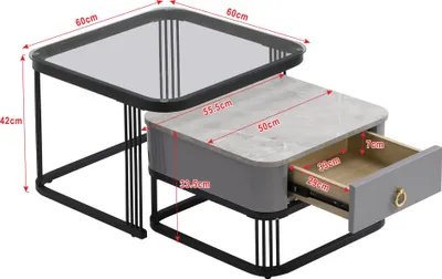 Immagine prodotto di OKWISH Tavolino rotondo di design con piano in vetro - Struttura in metallo nero - Nero e grigio - 60x60x42 + 50x50x34 cm