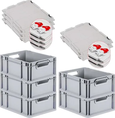 Produktbild von SuperSparSet 5x Eurobox NextGen Economy mit Scharnierdeckel und roten Schiebeschnappverschlüssen | Griffe offen | HxBxT 17x30x40cm | 16 Liter | Eurobehälter, Transportbox, Transportbehälter, Stapelbehälter