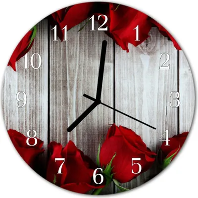Produktbild von Glasuhr Wanduhr Küchenuhr Echt-Glas 30fi cm Rosen Bretter rot