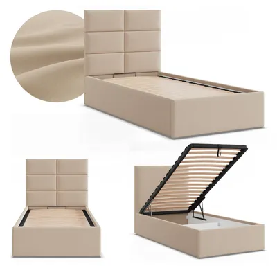Produktbild von Polsterbett YORK 90x200 mit Bettkasten und hochklappbarem Metall-Lattenrost Beige Geflecht