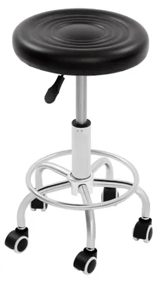 Produktbild von Rollhocker Drehhocker höhenverstellbar 45-57 cm – 150 kg belastbar, 360° drehbar, mit Fußring und 5 Rollen, schwarz/Silber, für Spa, Zeichnung, Salon, Büro, Tattoo